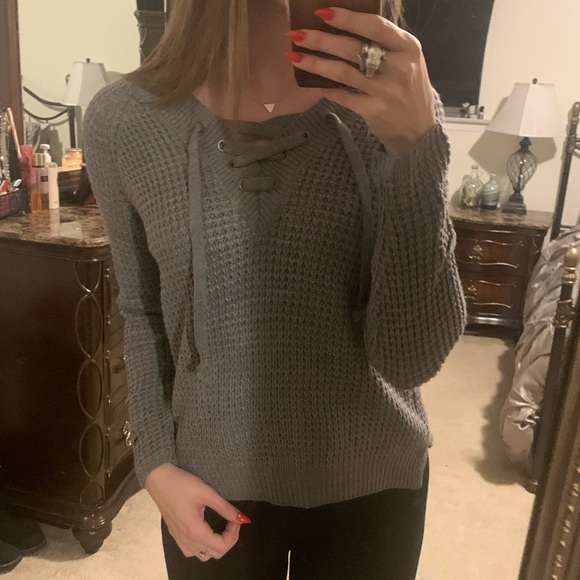 It's Our Time Tops - Lace-up Grey Sweater